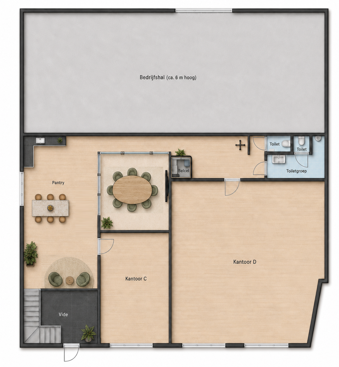 Plattegrond eerste verdieping met kantoor C, kantoor D, pantry, belcel en vergaderruimte