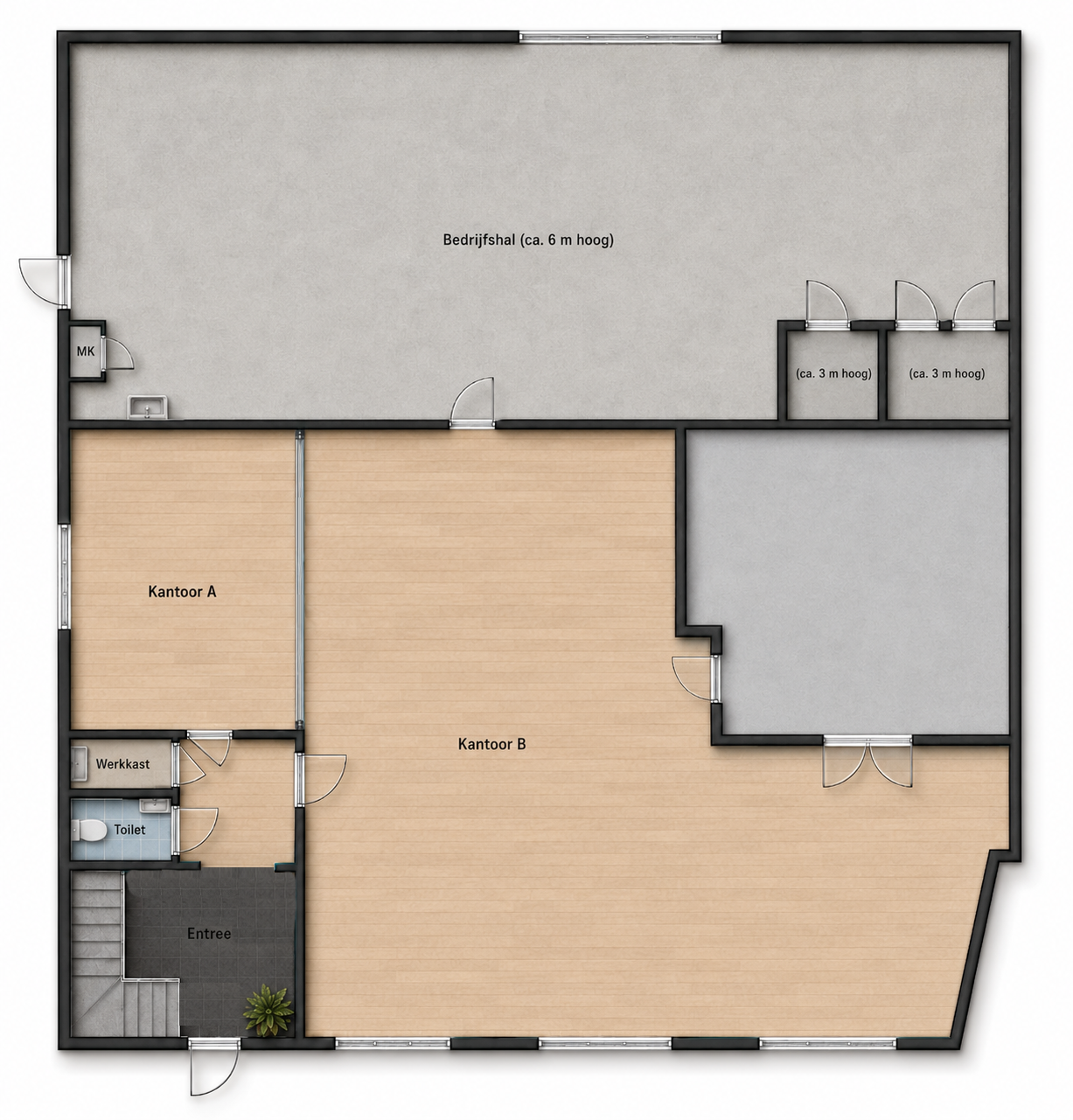 Plattegrond begane grond met kantoor A, kantoor B, entree en bedrijfshal